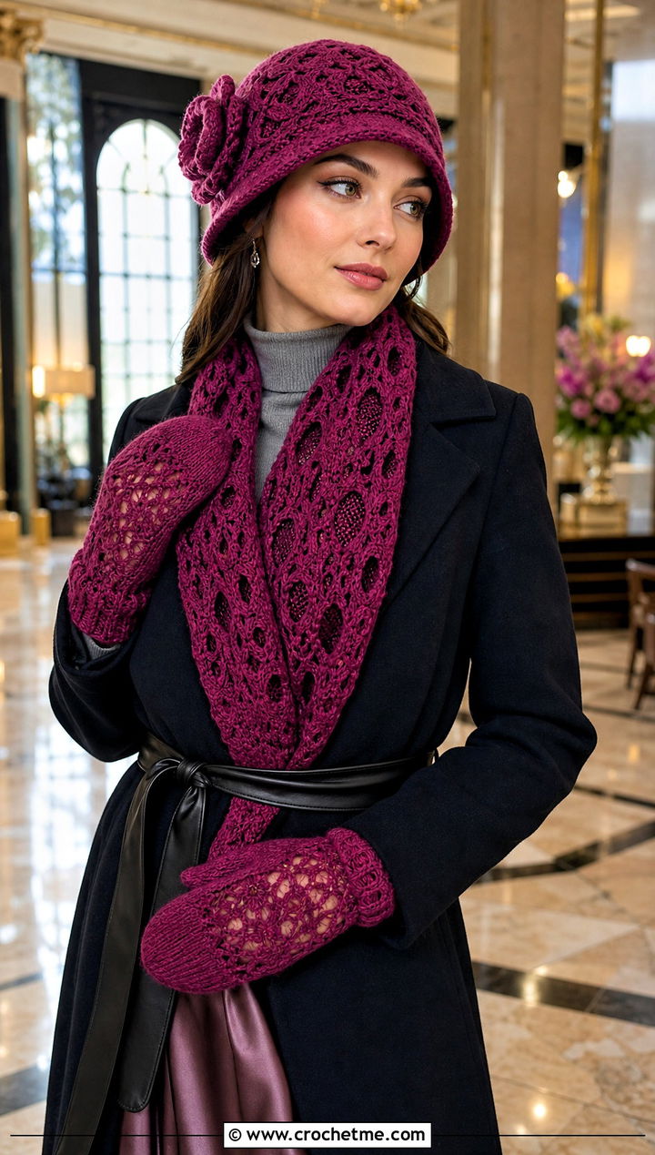 Lace Crochet Set With Wrap Coat - 20 Crochet Hat Mittens Scarf Set outfit ideas