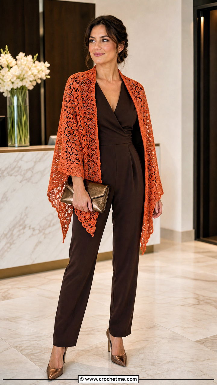 Lace Crochet Shawl With Tailored Jumpsuit - 35 easy simple crochet shawl outfit ideas