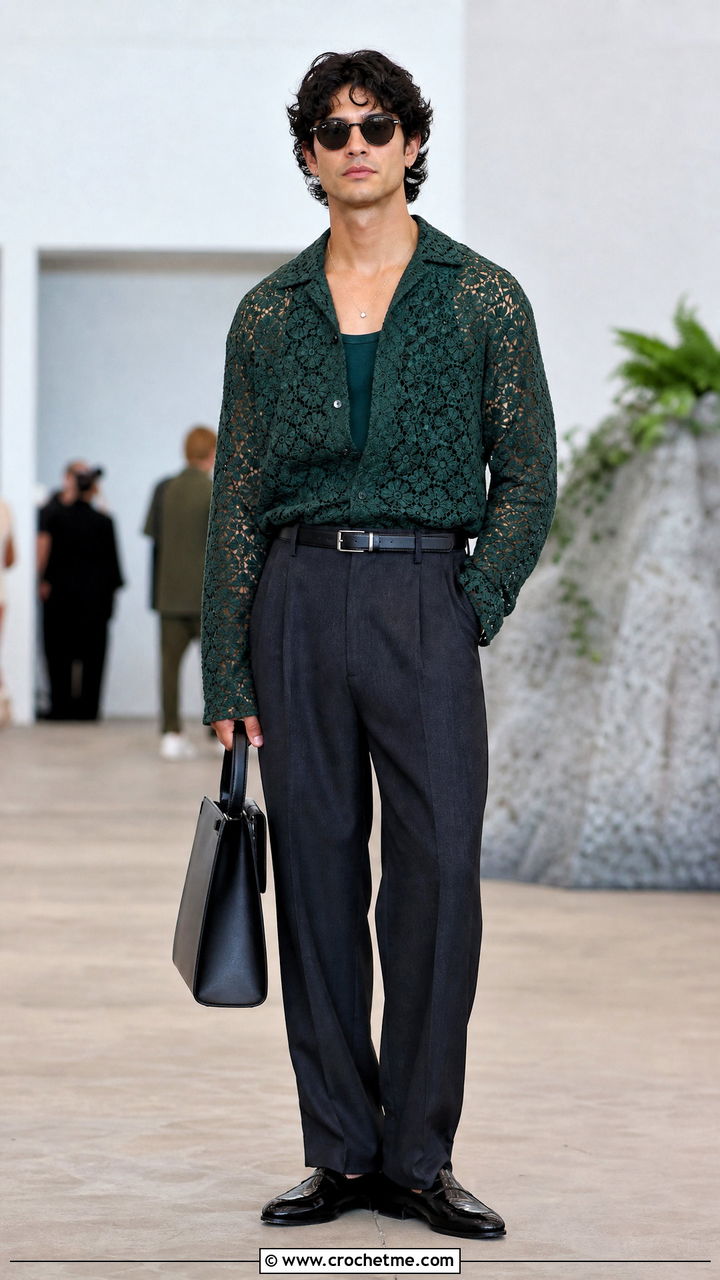 Lace Crochet Shirt With Relaxed Suit Pants - 35 crochet men shirt outfit ideas