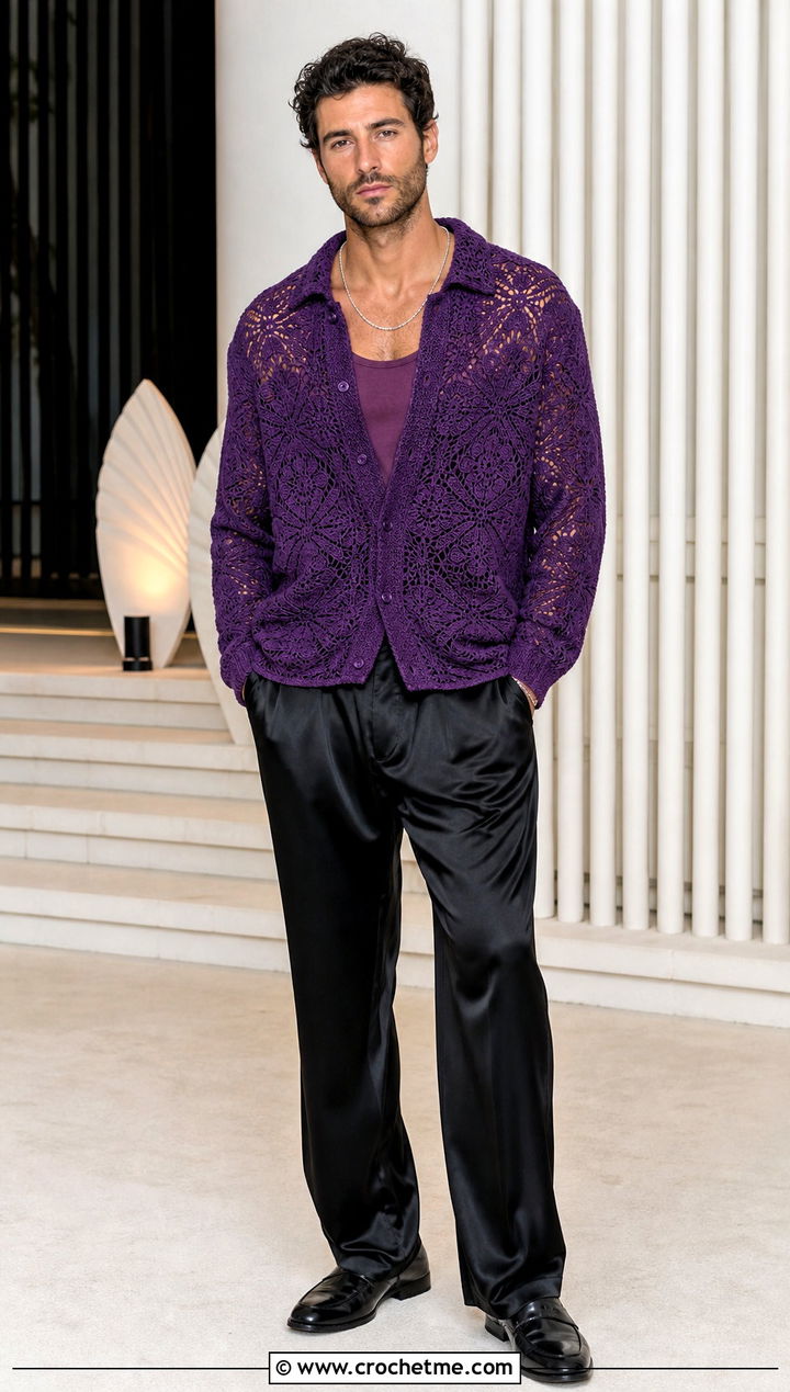 Lace Crochet Shirt With Satin Trousers - 30 men crochet top outfit ideas