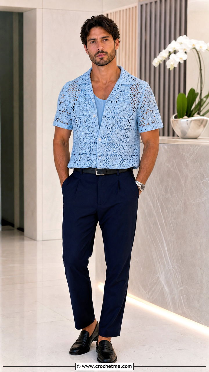Lace Crochet Shirt With Suit Trousers - 35 crochet top men outfit ideas