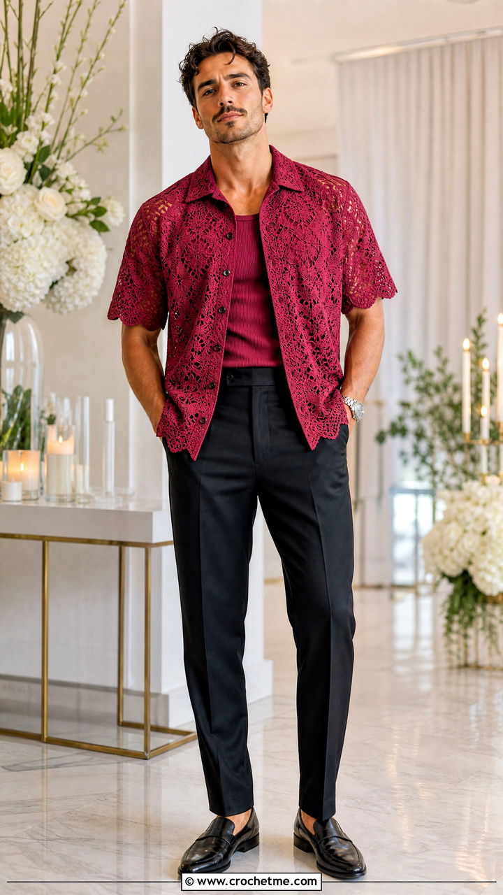 Lace Crochet Shirt With Tuxedo Trousers - 35 crochet male shirt outfit ideas
