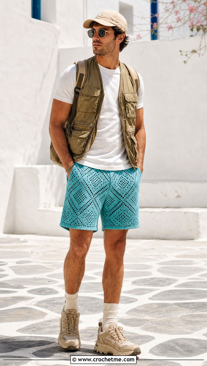 Lace Crochet Shorts With Utility Vest - 15 crochet shorts men outfit ideas