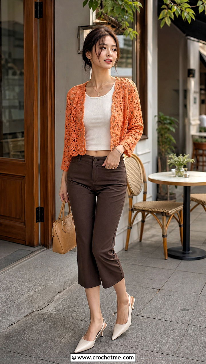 Lace Crochet Shrug With Baby Tee And Capri Pants - 15 Y2K Crochet Shrug outfit ideas