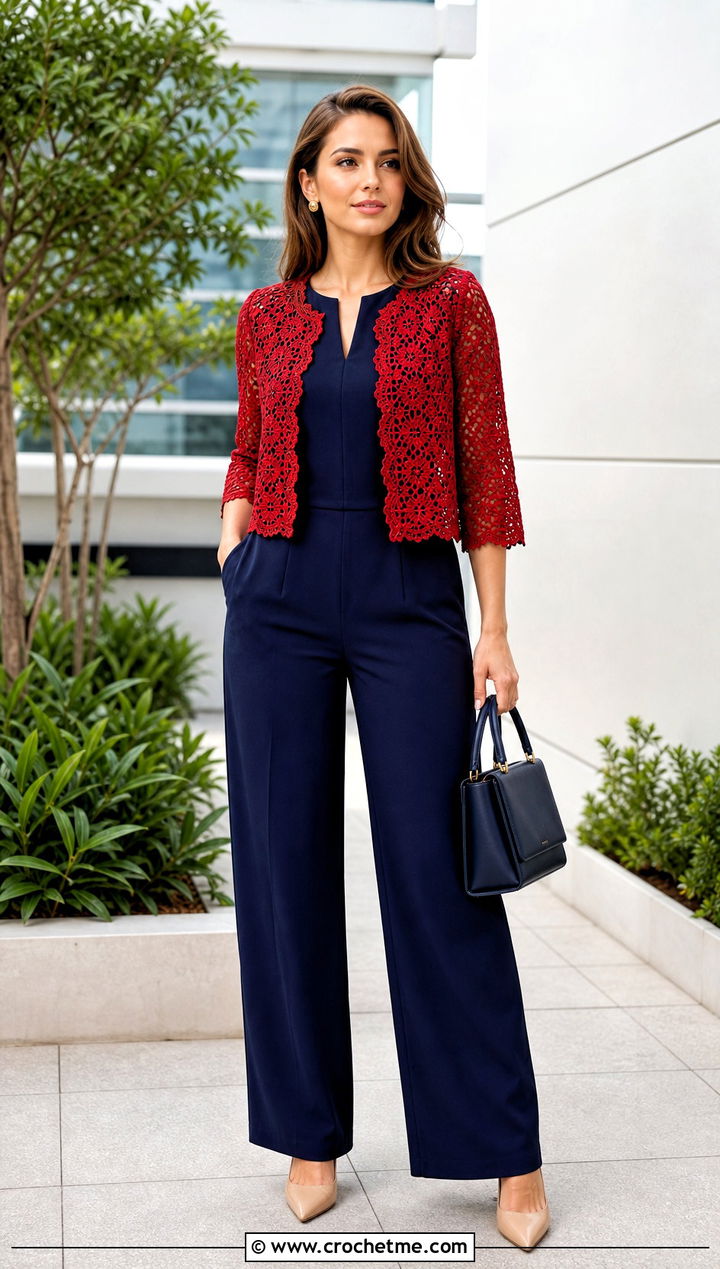 Lace Crochet Shrug With Tailored Jumpsuit - 30 easy simple crochet shrug outfit ideas