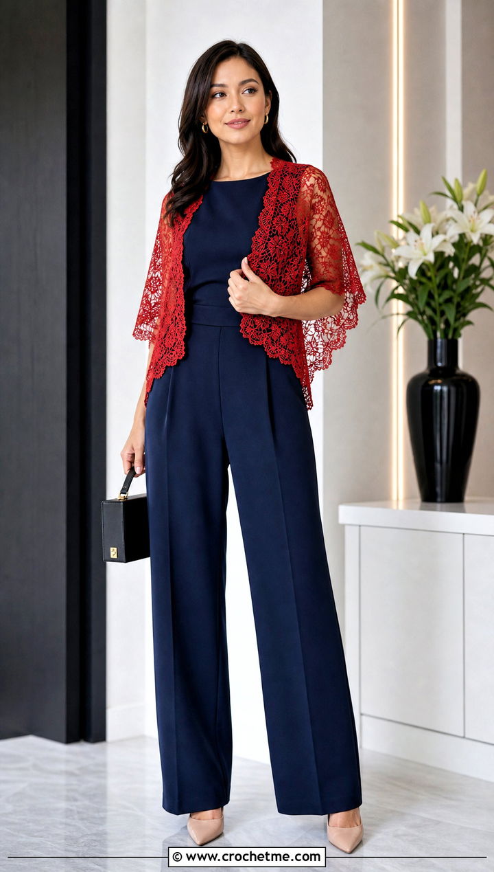 Lace Crochet Shrug Wrap With Tailored Jumpsuit - 25 crochet shrug wrap outfit ideas