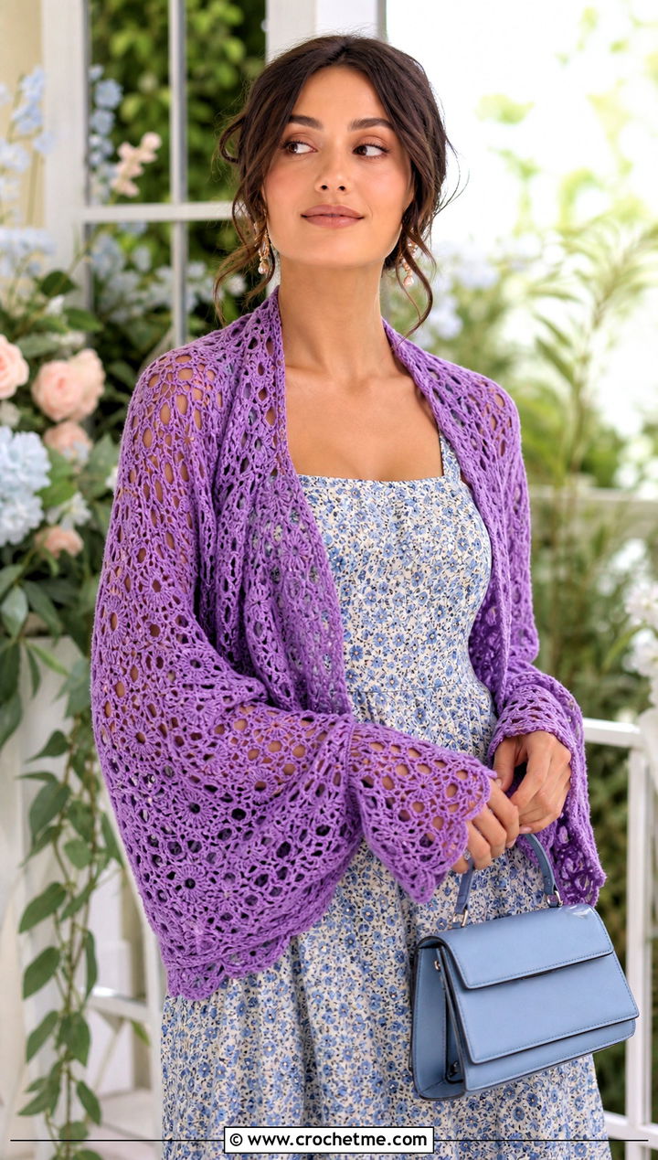 Lace Crochet Sleeve Scarf With Floral Midi Dress - 30 crochet sleeve scarf outfit ideas