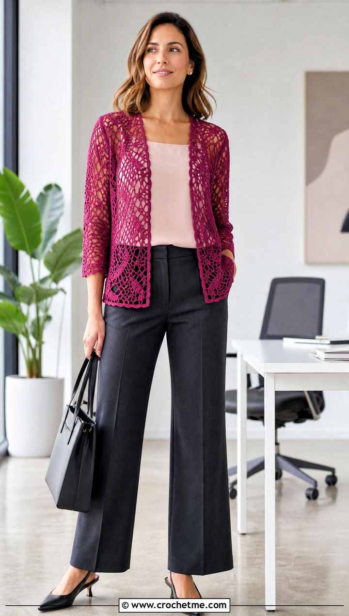 Lace Crochet Spider Web Cardigan With Tailored Trousers - 25 Crochet Spider Web Cardigan outfit ideas