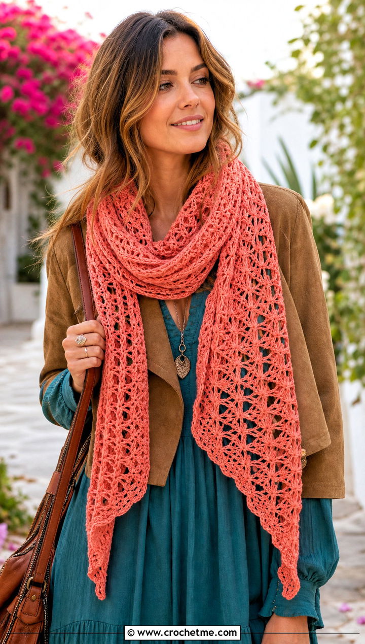 Lace Crochet Star Stitch Scarf With Maxi Dress And Boots - 25 Crochet Star Stitch Scarf outfit ideas