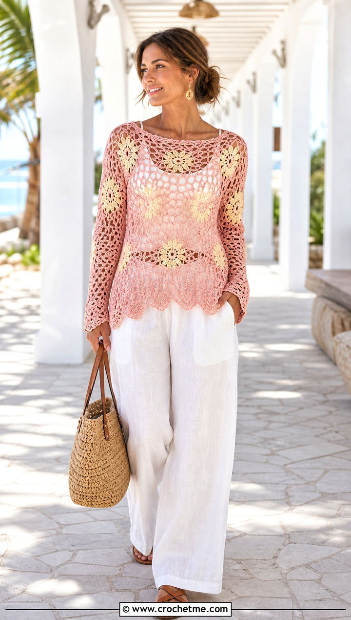 Lace Crochet Sunflower Sweater With Linen Pants - 35 crochet sunflower sweater outfit ideas