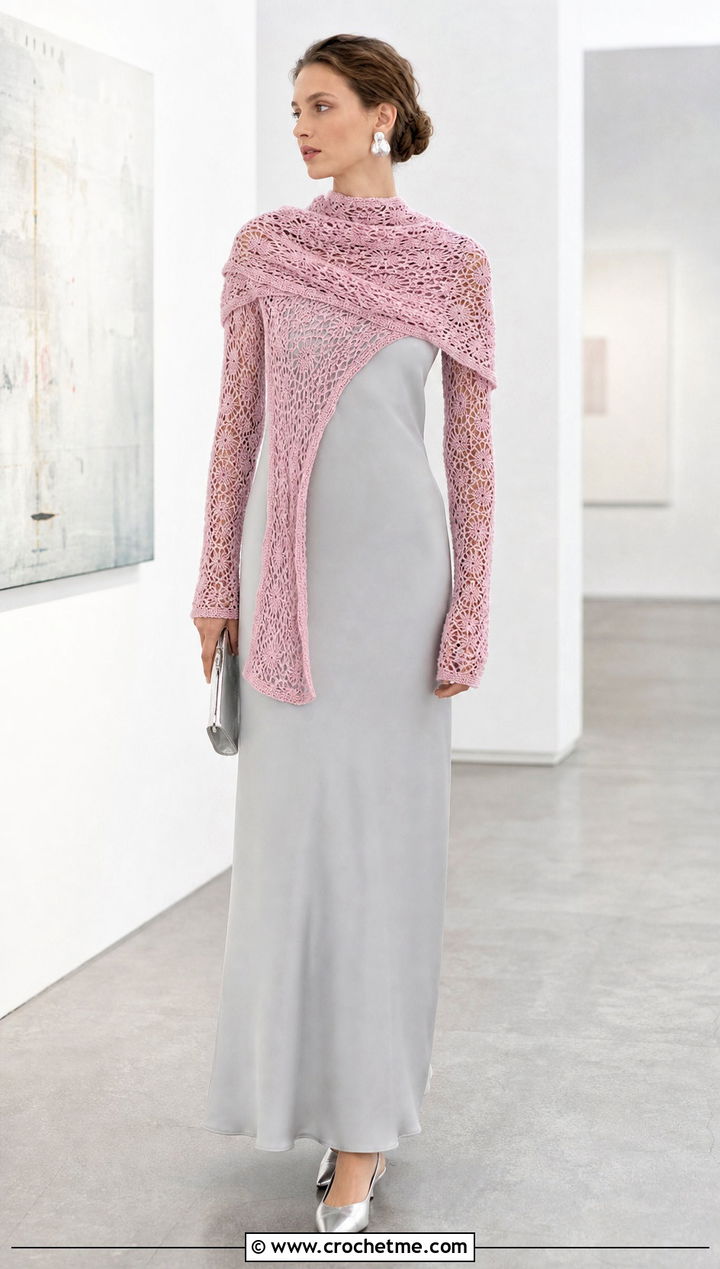 Lace Crochet Sweater Scarf With Sleeves And Column Maxi Dress - 25 crochet sweater scarf with sleeves outfit ideas