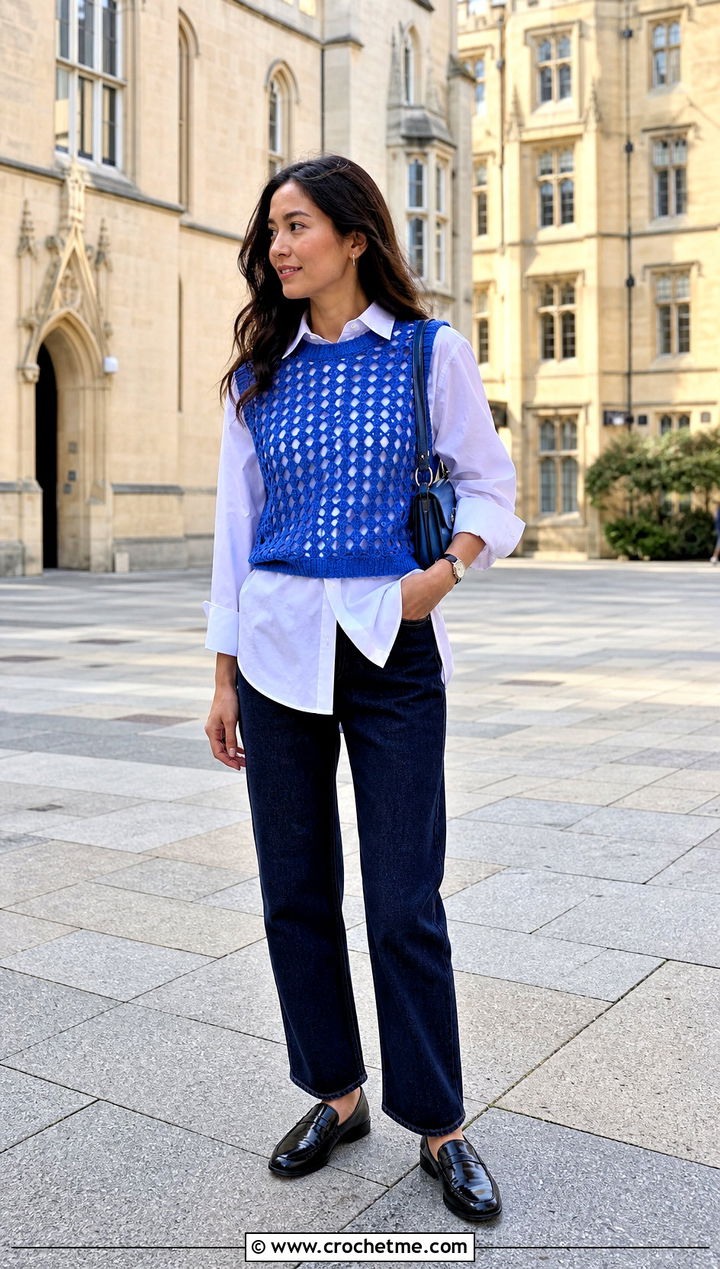 Lace Crochet Sweater Vest With Poplin Shirt And Jeans - 25 lace crochet sweater outfit ideas