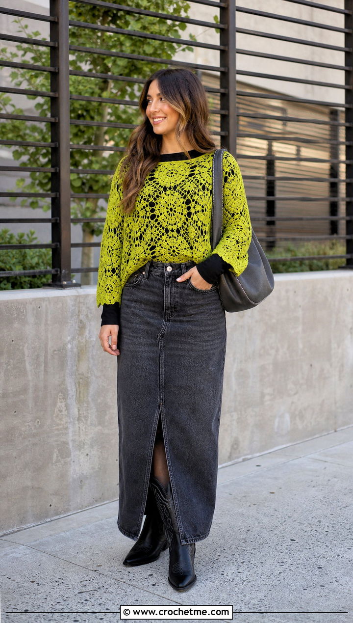 Lace Crochet Sweater With Denim Maxi Skirt - 30 fall crochet sweaters outfit ideas