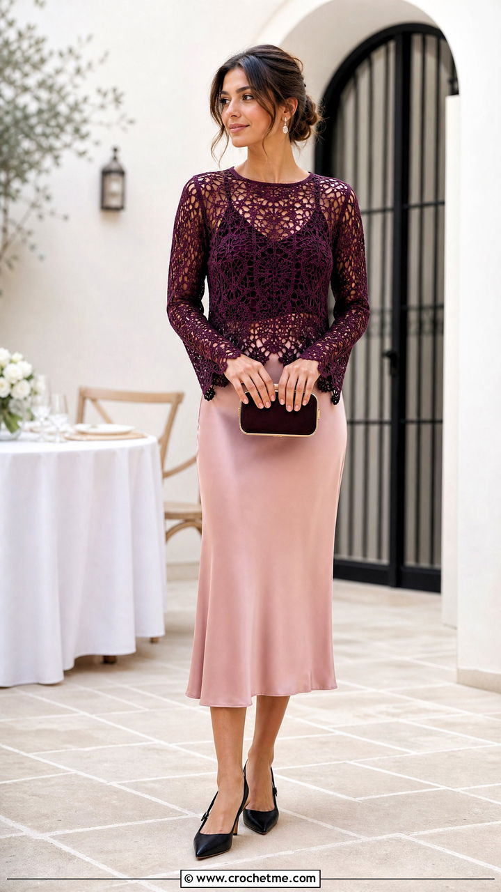 Lace Crochet Sweater With Satin Midi Skirt - 35 easy crochet sweater outfit ideas