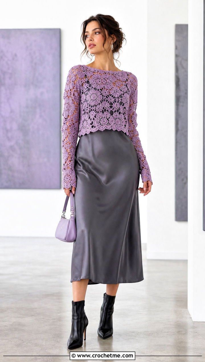 Lace Crochet Sweater With Slip Dress - 25 Woman Crochet Sweater outfit ideas