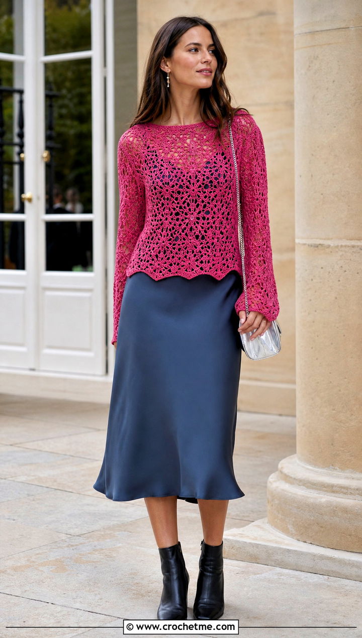 Lace Crochet Sweater With Slip Dress - 20 Crochet Ladies Sweater outfit ideas