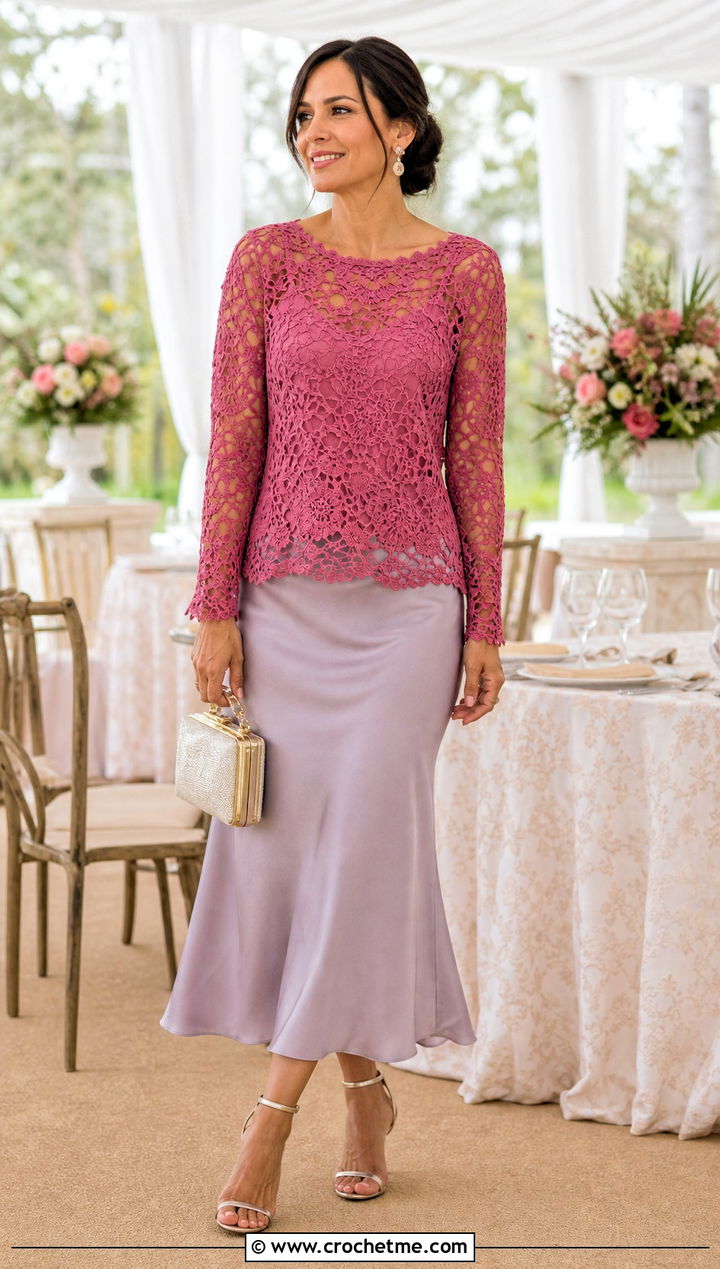 Lace Crochet Sweater With Slip Skirt - 35 crochet sweater women outfit ideas
