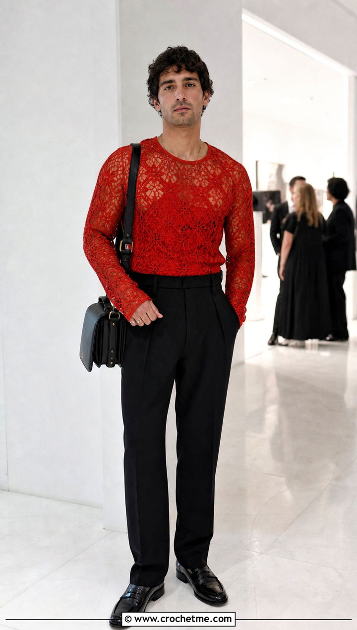 Lace Crochet Sweater With Suit Trousers - 30 male crochet sweater outfit ideas