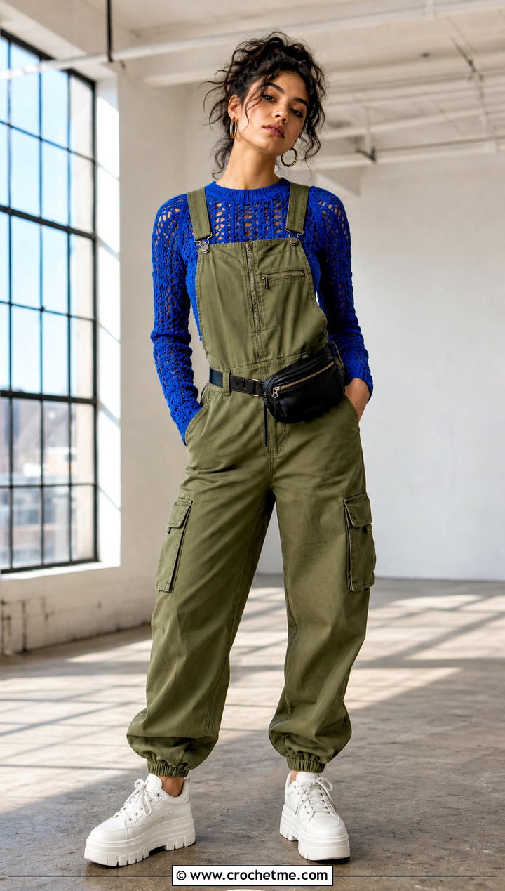 Lace Crochet Sweater With Utility Jumpsuit - 25 90s crochet sweater outfit ideas