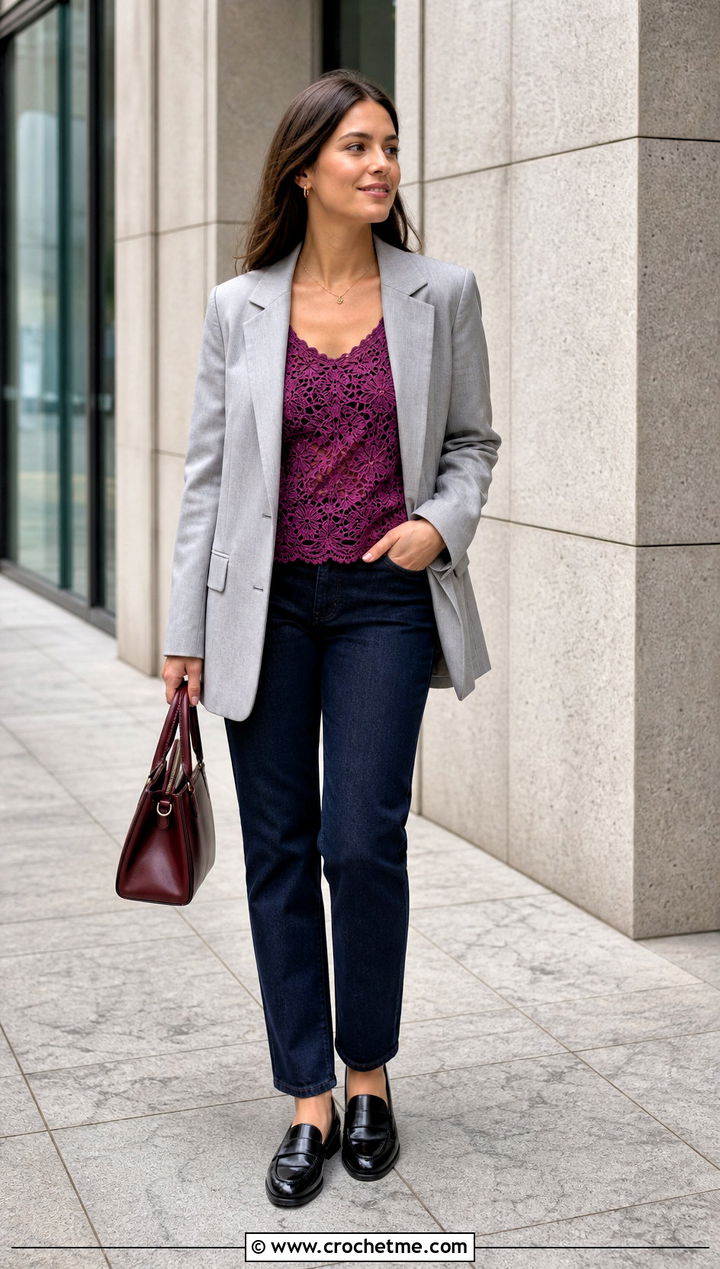 Lace Crochet Tank Top With Blazer And Jeans - 30 crocheted tank tops outfit ideas