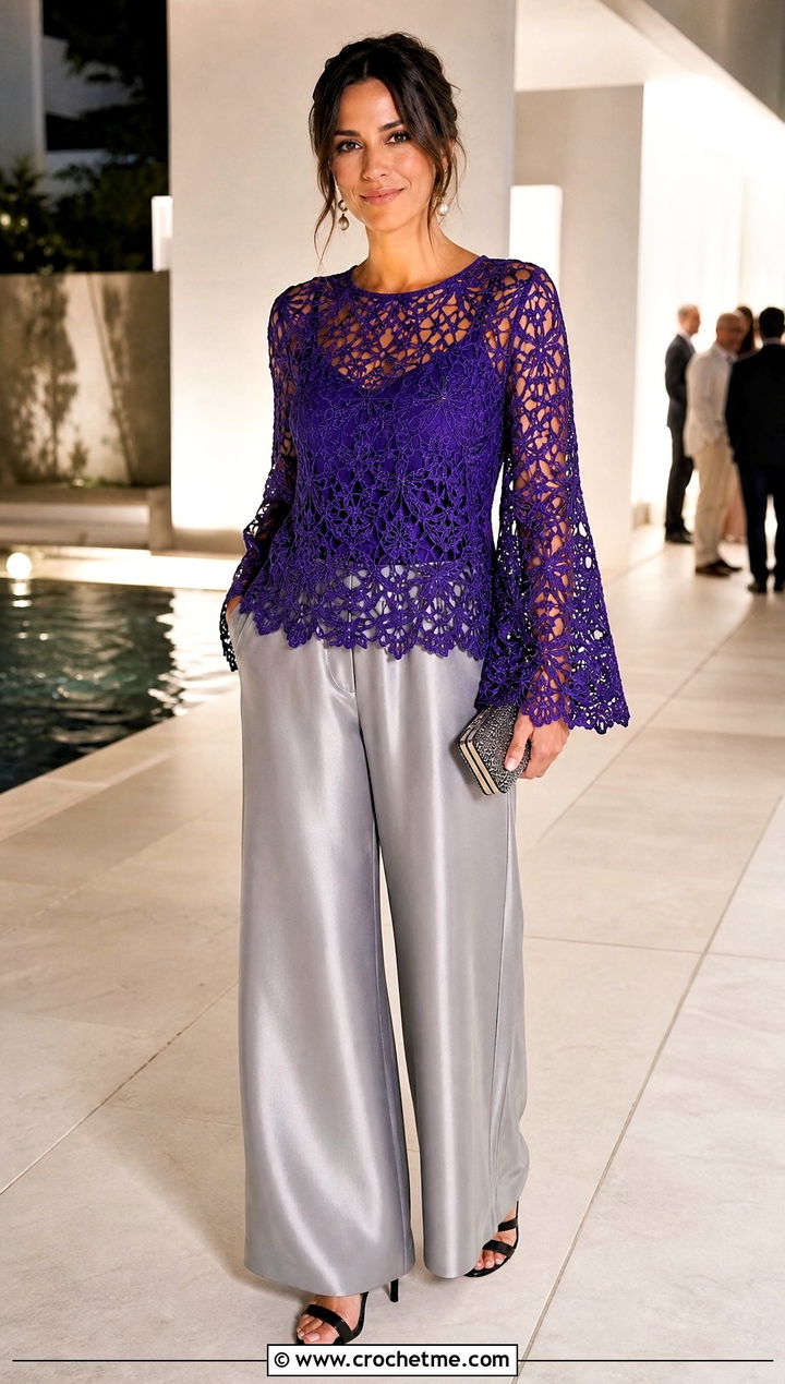 Lace Crochet Top With Satin Wide Leg Pants - 35 Crocheted Summer Tops outfit ideas