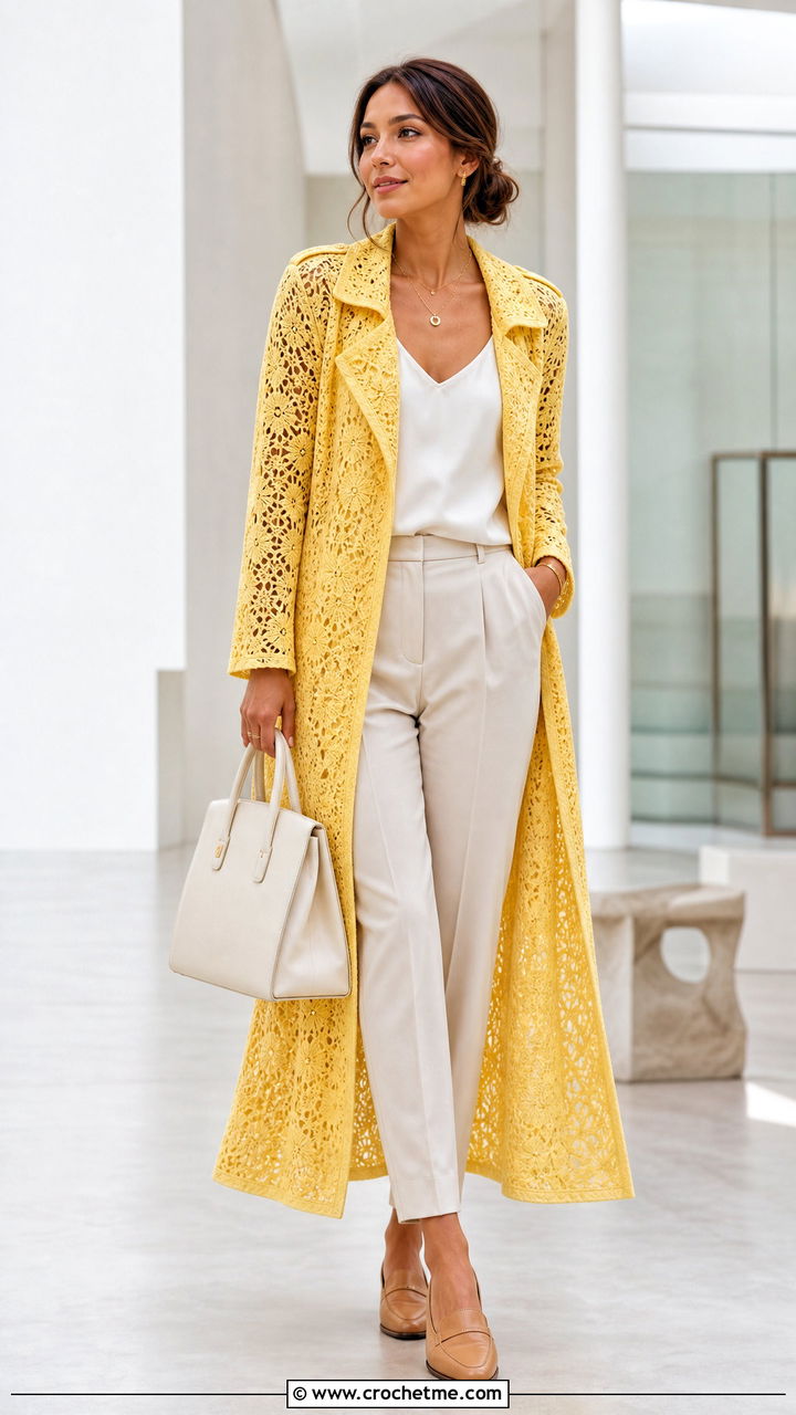 Lace Crochet Trench Coat With Tailored Trousers - 35 crochet coat outfit ideas