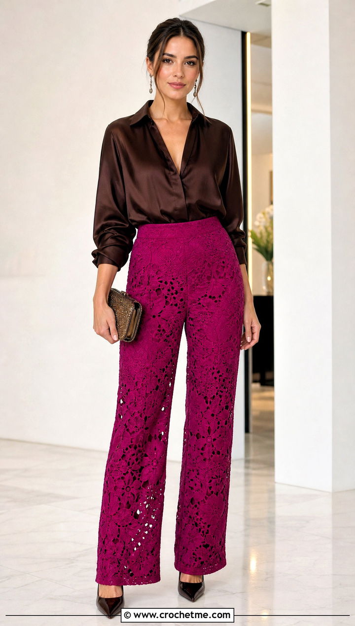 Lace Crochet Trousers With Silk Blouse - 25 colorful crochet pants outfit ideas