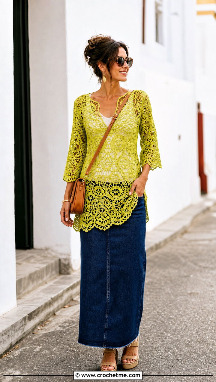 Lace Crochet Tunic Top With Denim Maxi Skirt - 35 crochet layering top outfit ideas