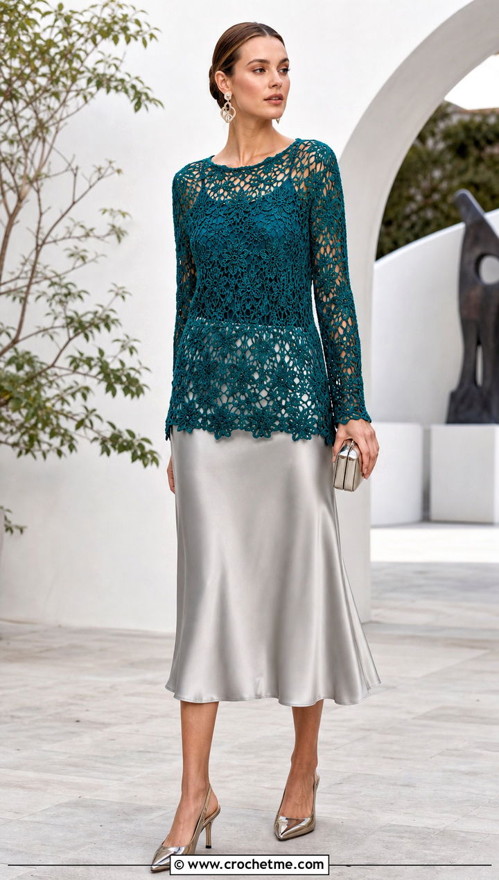 Lace Crochet Tunic With Satin Midi Skirt - 15 Crochet Tunics For Women outfit ideas