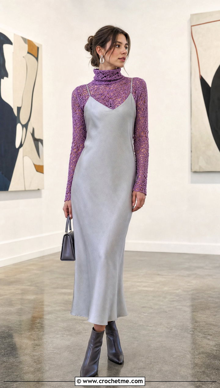 Lace Crochet Turtleneck Top With Slip Dress - 30 crochet turtleneck top outfit ideas