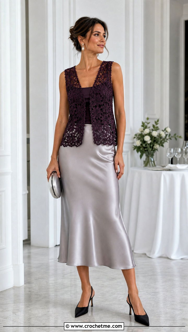 Lace Crochet Vest With Satin Midi Skirt - 15 Crochet For Ladies Vests outfit ideas