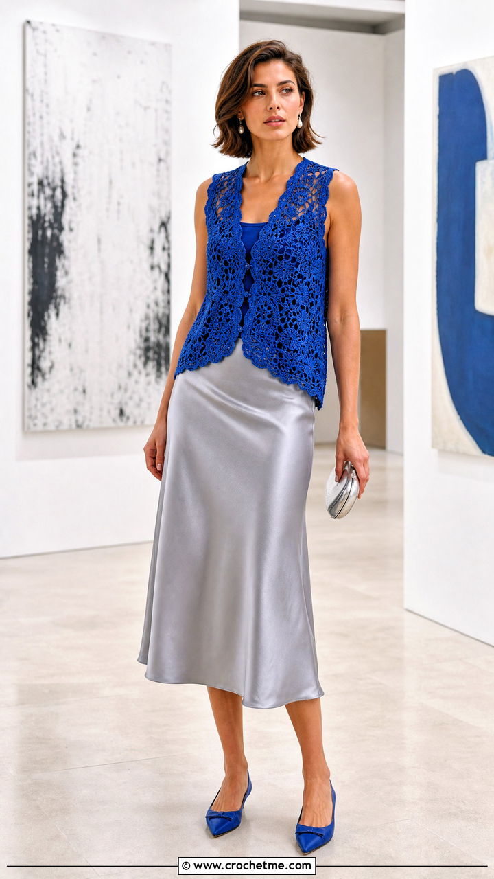 Lace Crochet Vest With a Satin Slip Skirt - 35 crochet vest woman outfit ideas