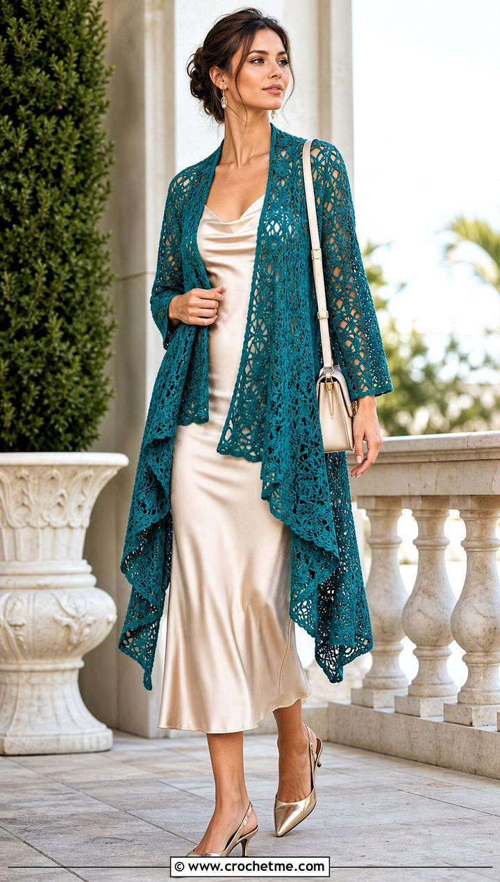 Lace Crochet Waterfall Cardigan With Satin Slip Dress - 25 crochet waterfall cardigan outfit ideas