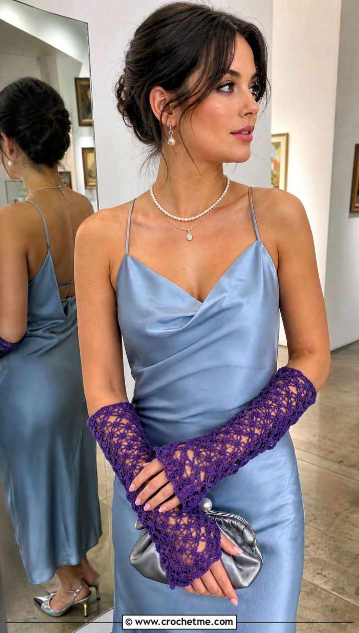Lace Crochet Wrist Warmers With Satin Midi Dress - 30 easy crochet hand warmers outfit ideas