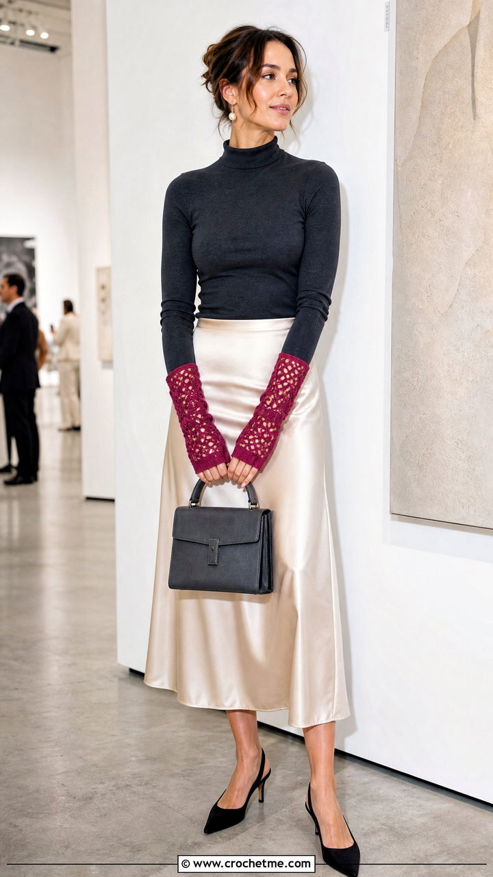 Lace Crochet Wrist Warmers With Satin Midi Skirt - 35 crochet hand warmers outfit ideas