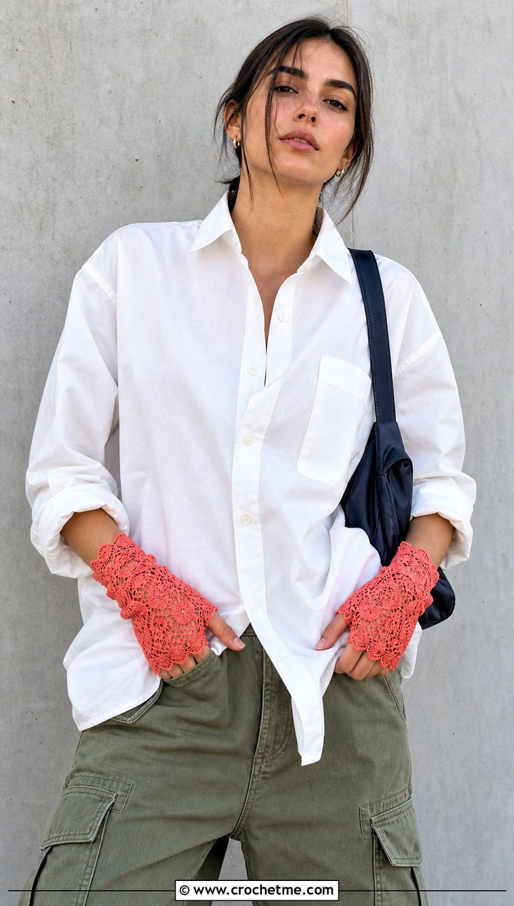 Lace Crochet Wristlet Gloves With White Shirt And Cargo Pants - 25 Lace Crochet Fingerless Gloves outfit ideas