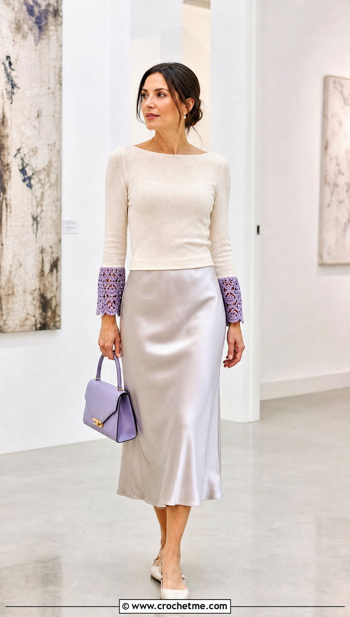 Lace Crochet Wristlets With Satin Midi Skirt - 35 crochet hand warmer outfit ideas