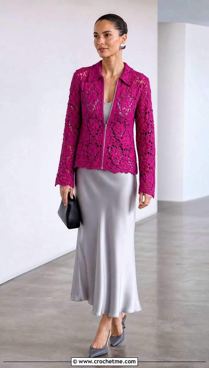Lace Crochet Zip Jacket With Slip Skirt - 25 crochet jacket with zipper outfit ideas
