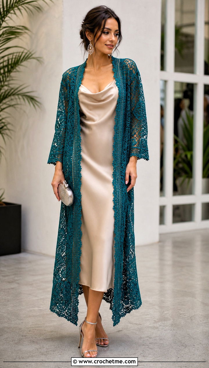 Lace Crocheted Kimono With Satin Slip Dress - 25 Crocheted Kimono outfit ideas