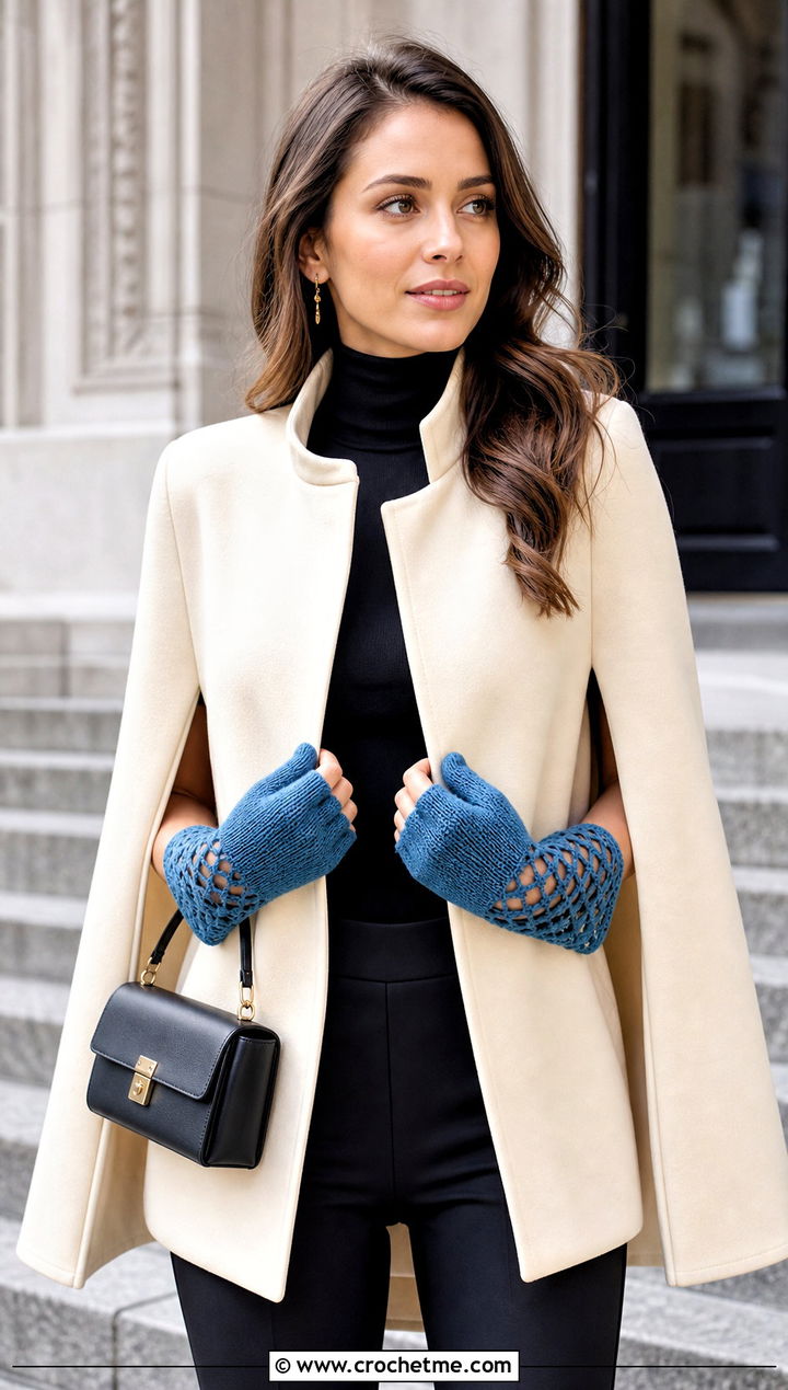 Lace Cuff Crochet Mittens With Cape Coat and Tall Boots - 25 Simple Crochet Mittens outfit ideas