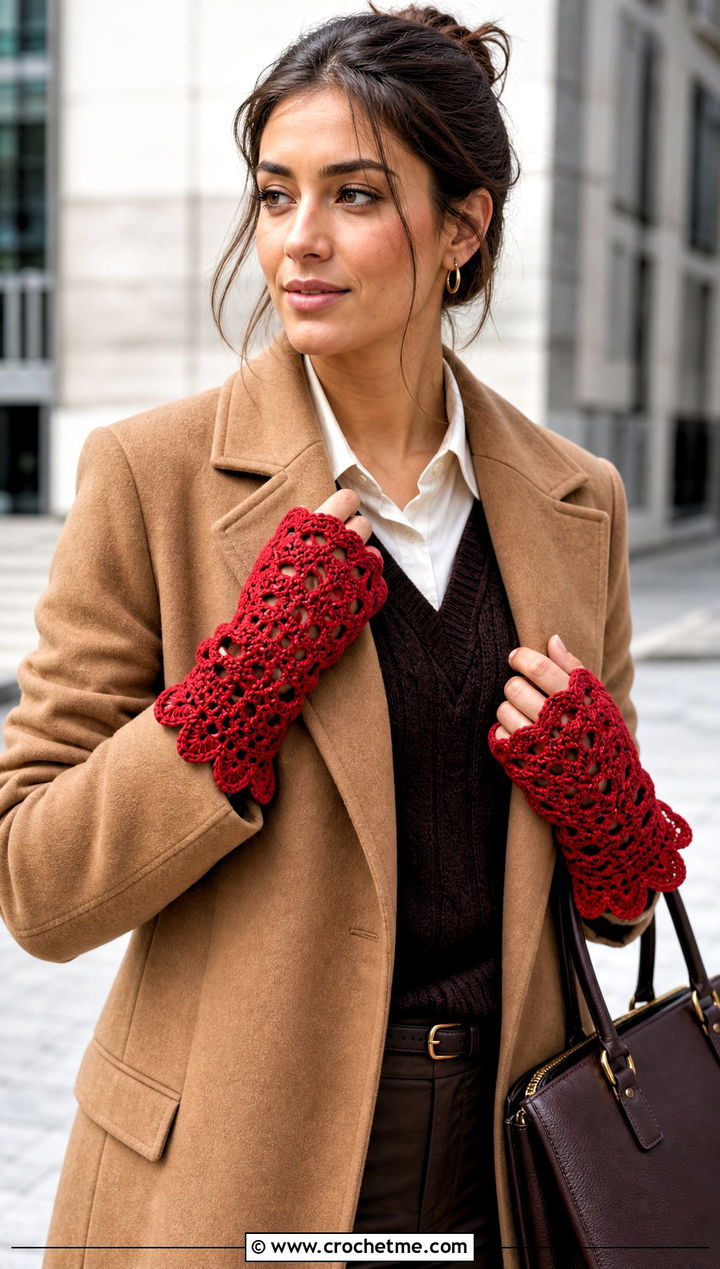 Lace Cuff Crochet Mittens With Tailored Coat - 25 quick crochet mittens outfit ideas
