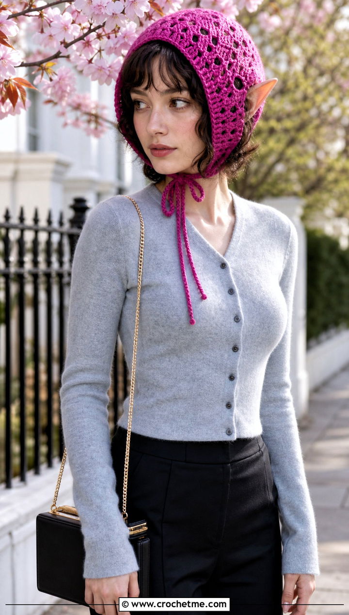 Lace Dobby Crochet Bonnet With Cardigan And Capri Pants - 25 dobby crochet hat outfit ideas
