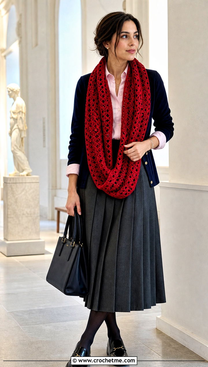 Lace Double Length Crochet Cowl With Button Down Shirt And Pleated Skirt - 15 Double Length Crochet Cowl outfit ideas