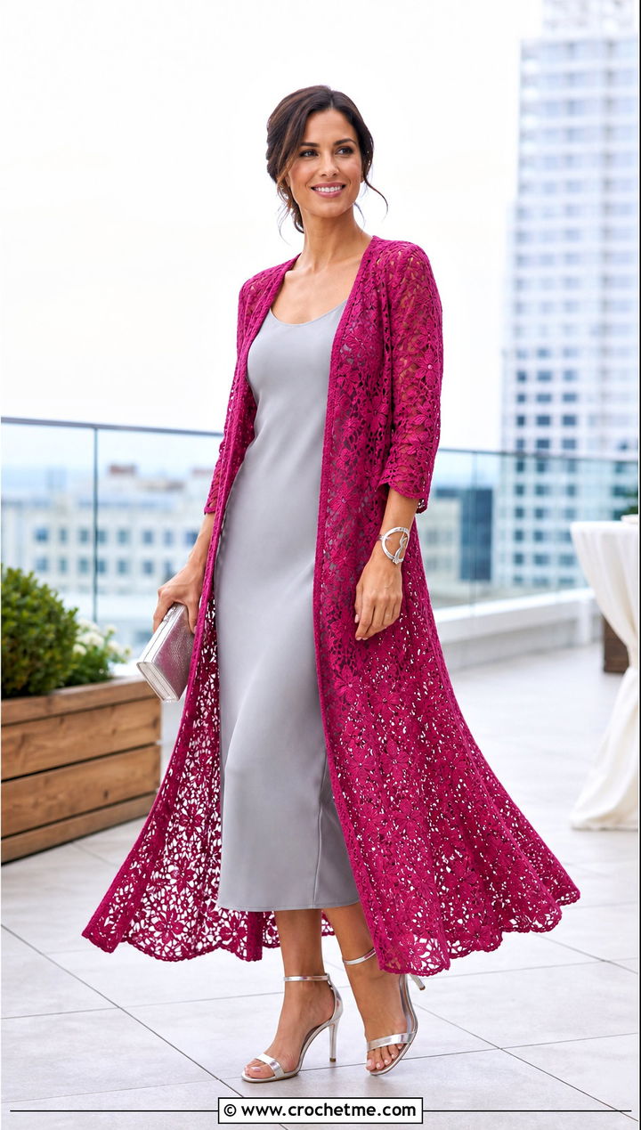 Lace Duster Crochet Cardigan With Column Dress - 15 Lacey Crochet Cardigan outfit ideas