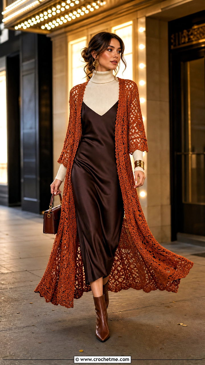 Lace Duster Crochet Fall Cardigan With Slip Dress - 35 crochet fall cardigan outfit ideas