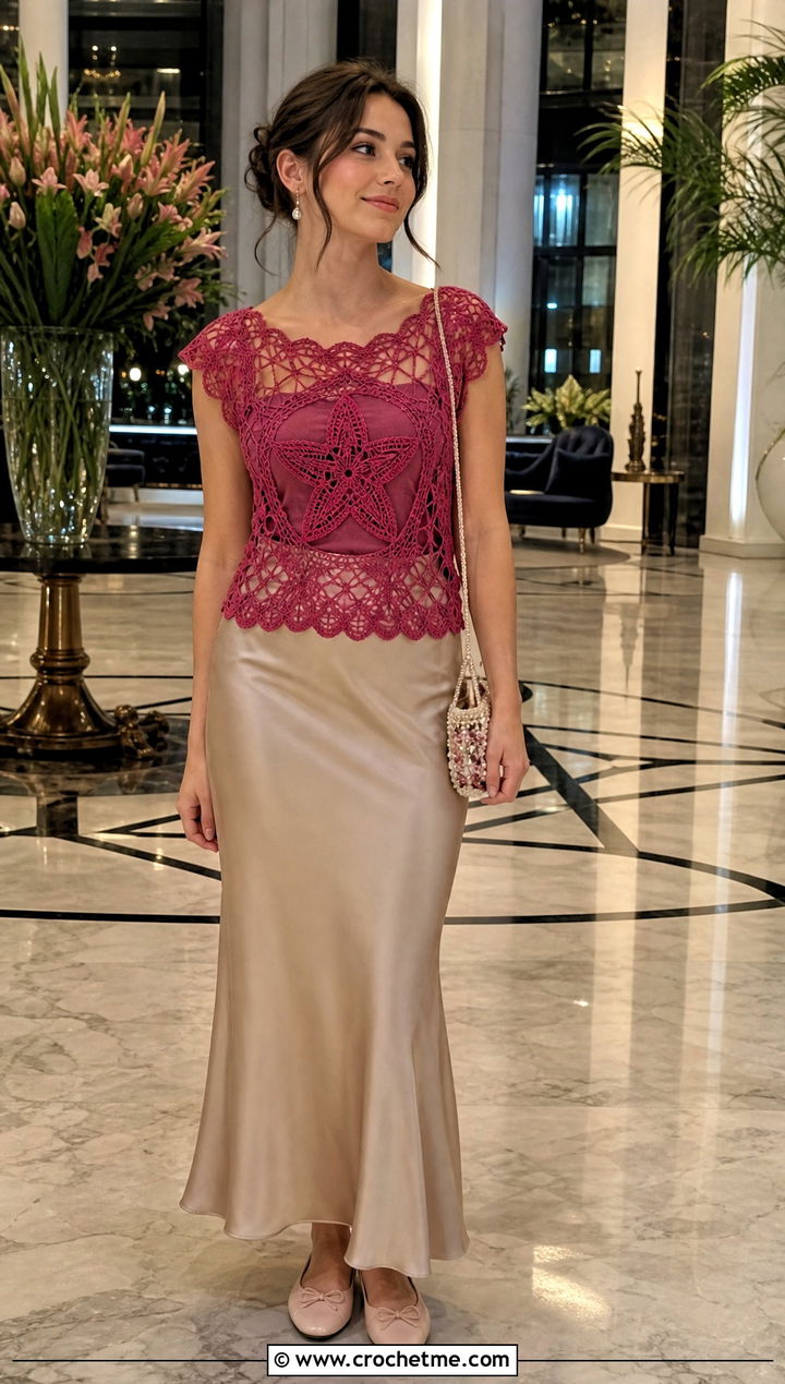 Lace Edge Crochet Pentagram Top With Slip Skirt - 30 crochet pentagram top outfit ideas