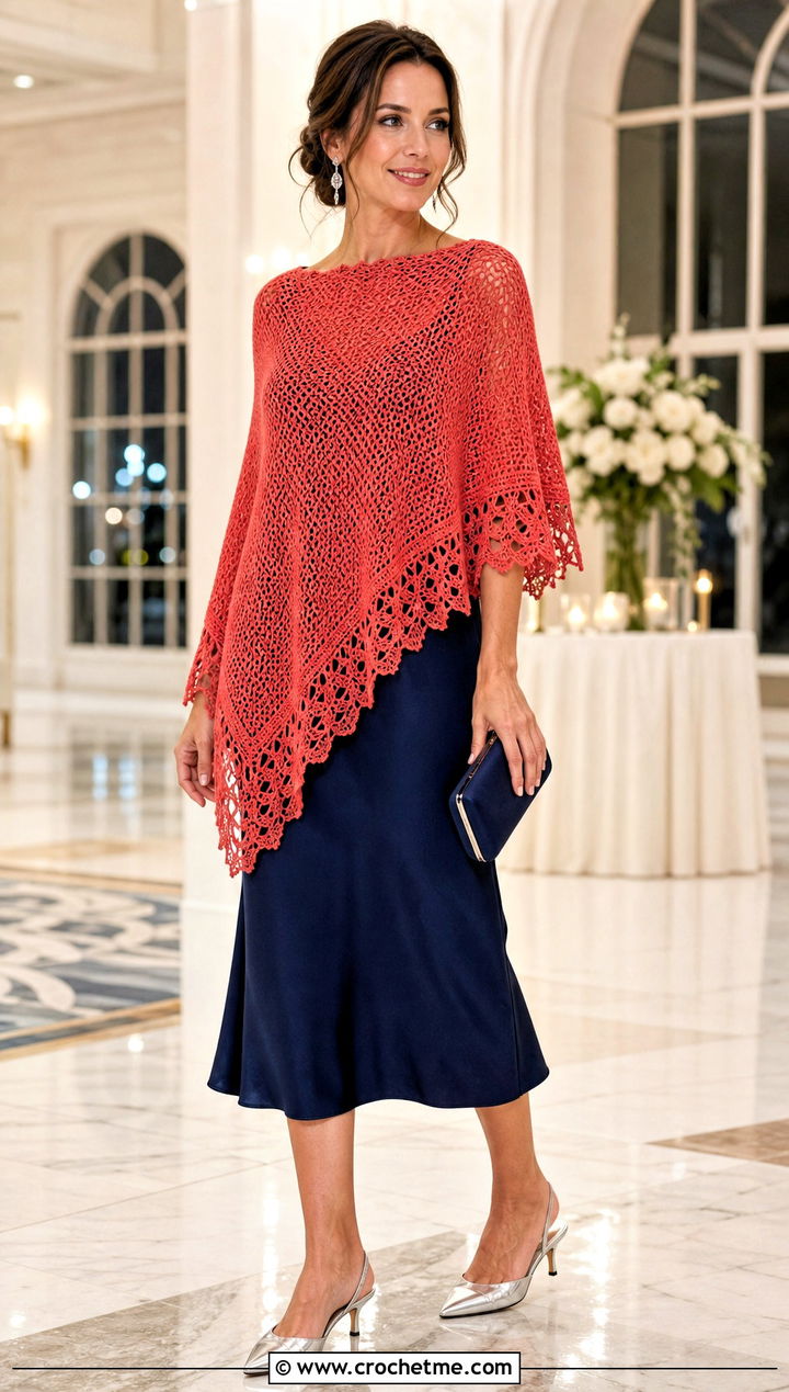 Lace Edge Crochet Poncho With Slip Dress - 20 Easy Crochet Poncho For Beginners outfit ideas