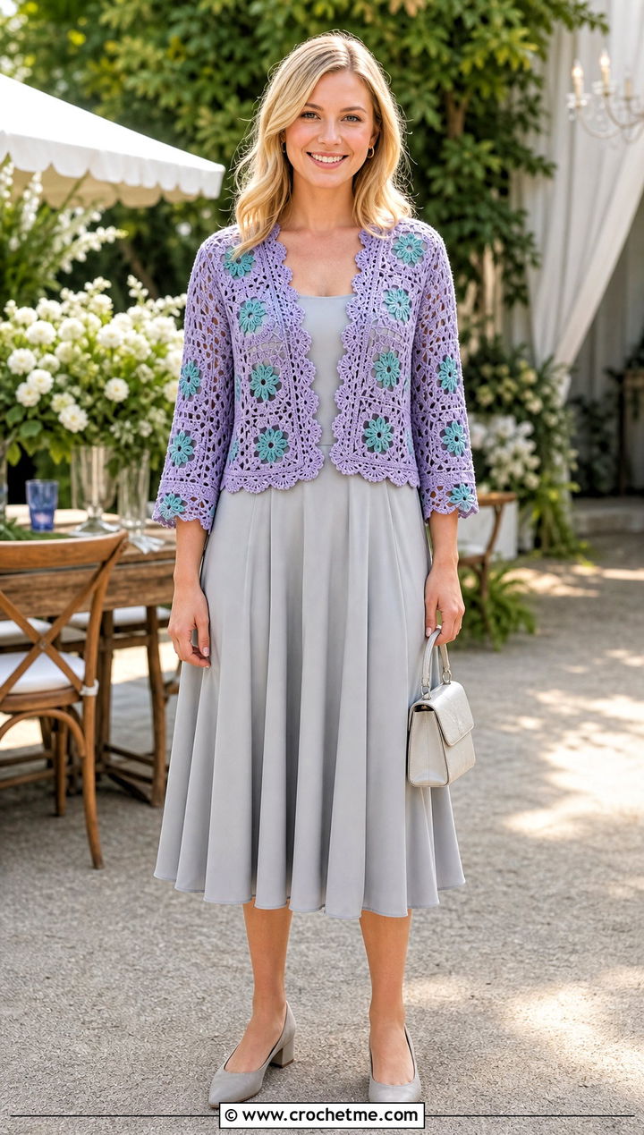 Lace Edge Granny Square Cardigan With Midi Dress - 30 cardigan with granny square outfit ideas