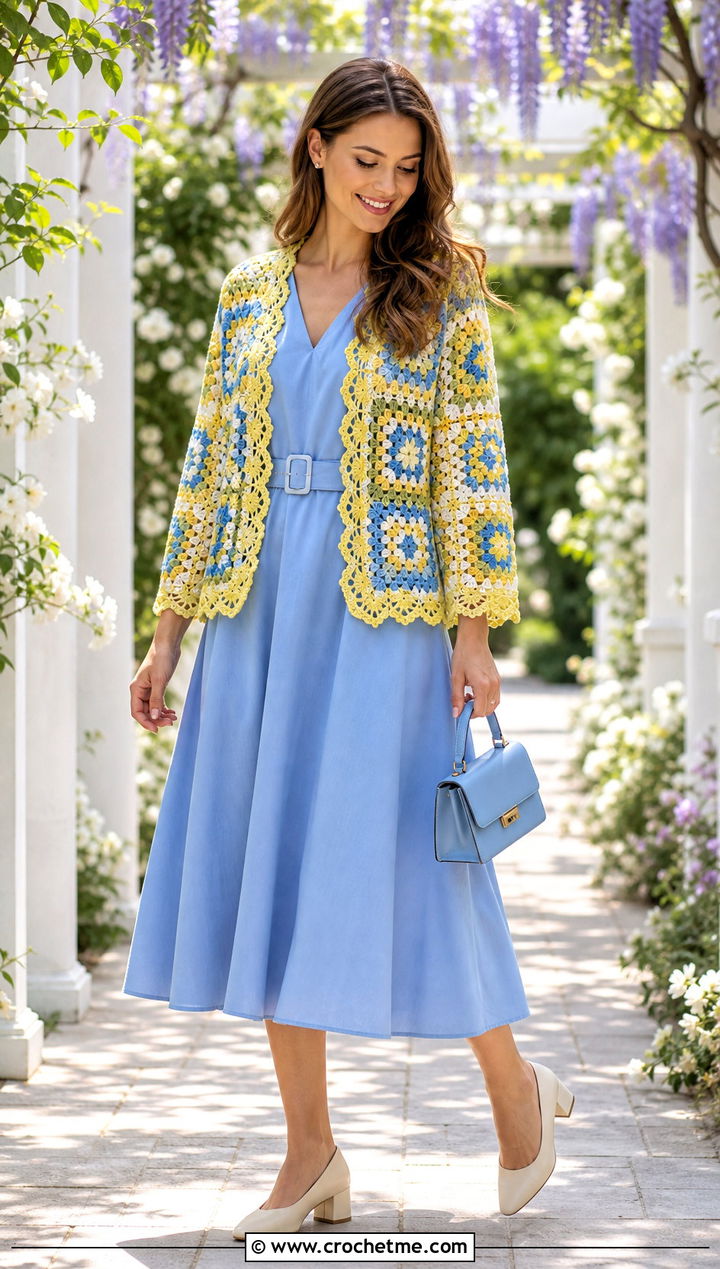 Lace Edge Granny Square Cardigan With Tea Dress - 30 crochet granny squares cardigan outfit ideas
