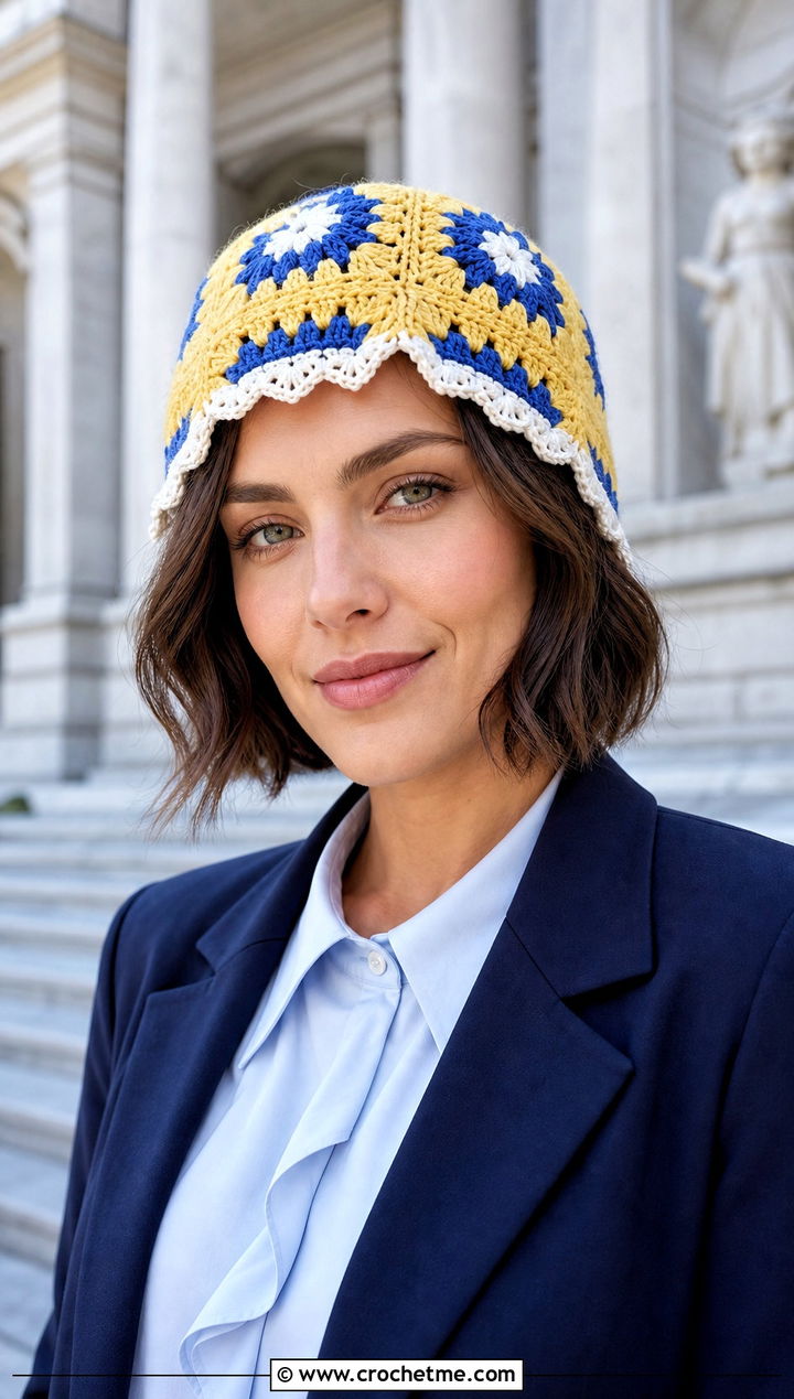 Lace Edge Granny Square Crochet Beanie With Blouse And A Line Skirt - 30 granny square crochet beanie outfit ideas